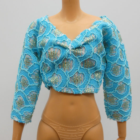 Barbie Doll Size Shirt Crop Top Teal Turquoise Blue V Neck 3/4 Sleeve Midriff