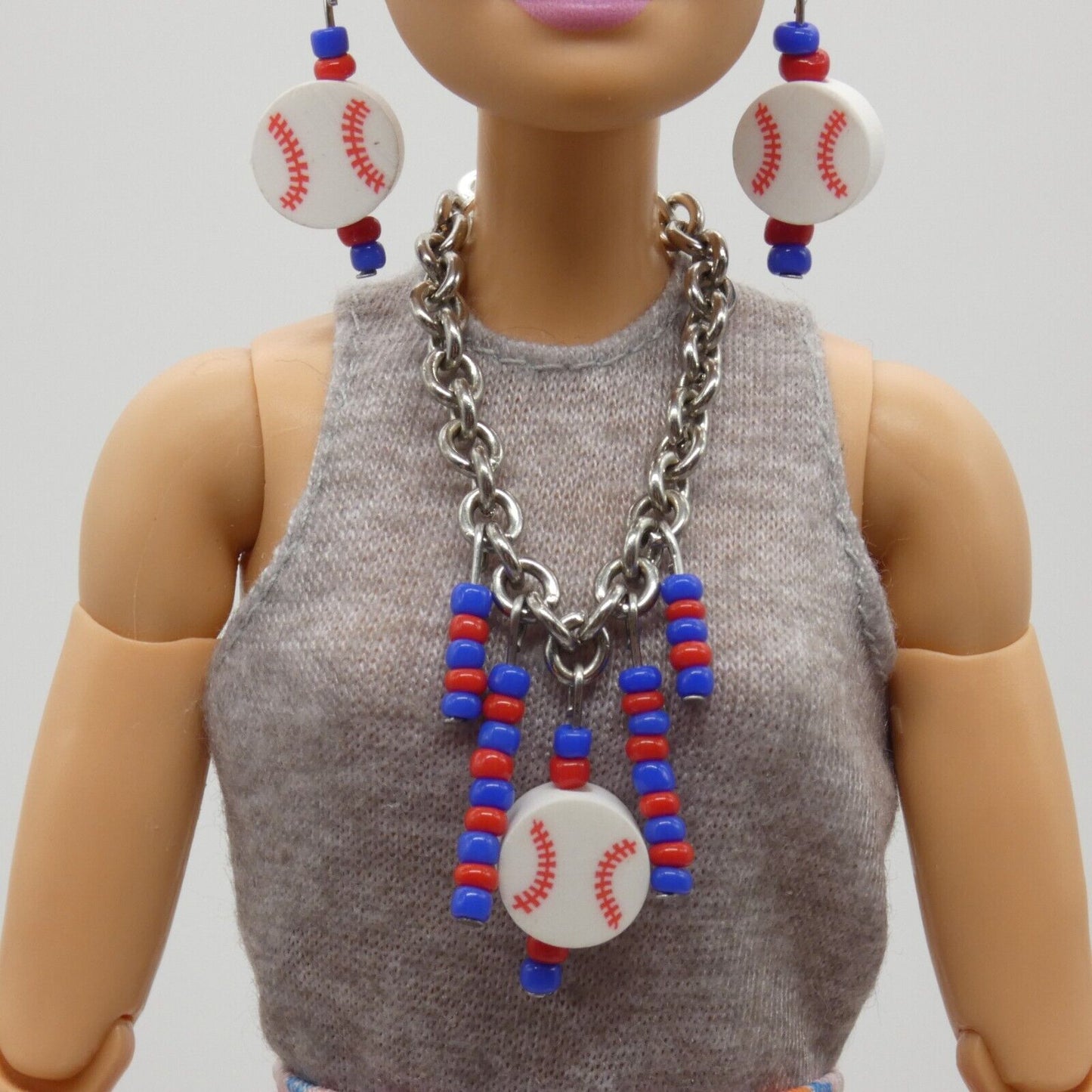 Barbie Doll Size Baseball Earrings And Necklace Blue Red Beads Texas Rangers