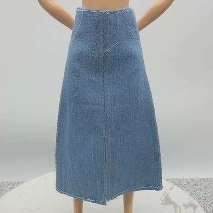 Barbie Doll Size Long Skirt Light Blue Denim Maxi A Line Ankle Front Slit