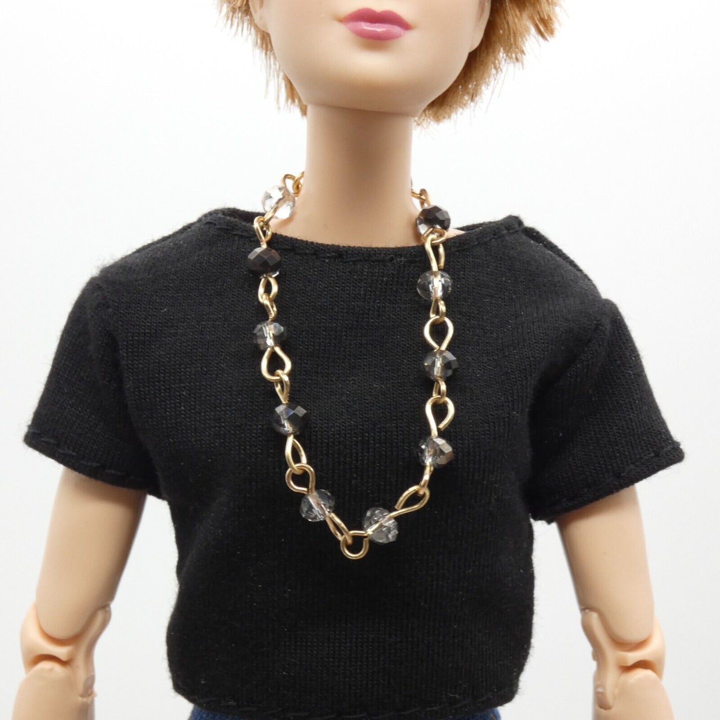 Barbie Doll Size Rose Gold Tone Chain Necklace Black White Rhinestone Handmade