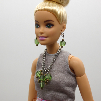 Barbie Doll Size Necklace And Earrings Green Copper Dangle Beads Silver Chain