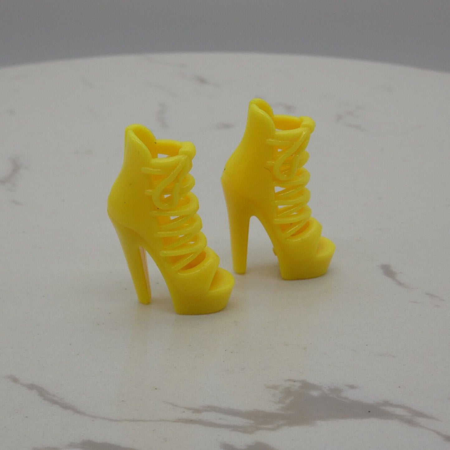 Barbie Doll Size Shoes High Heel Yellow Open Toe Sandals Strappy Lace Up Clone