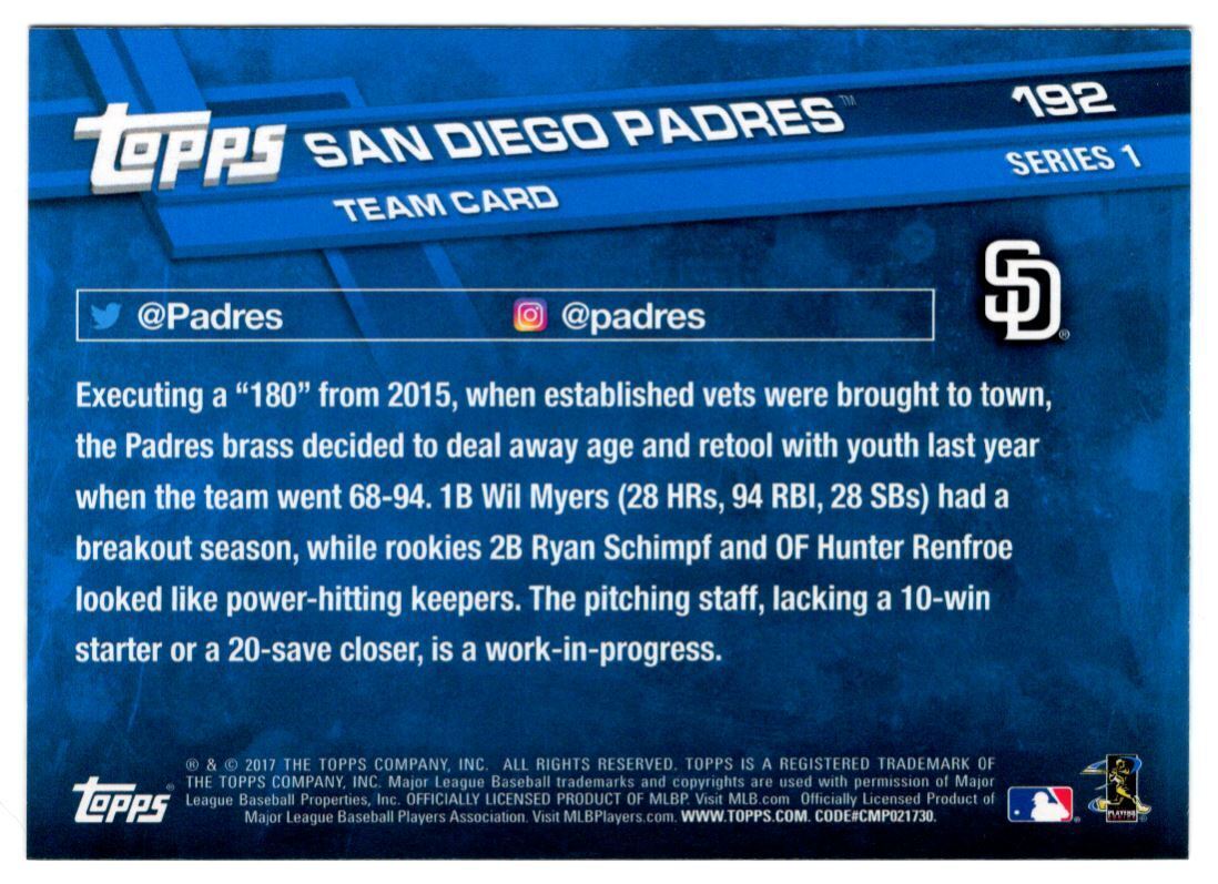 2017 Topps San Diego Padres San Diego Padres #192