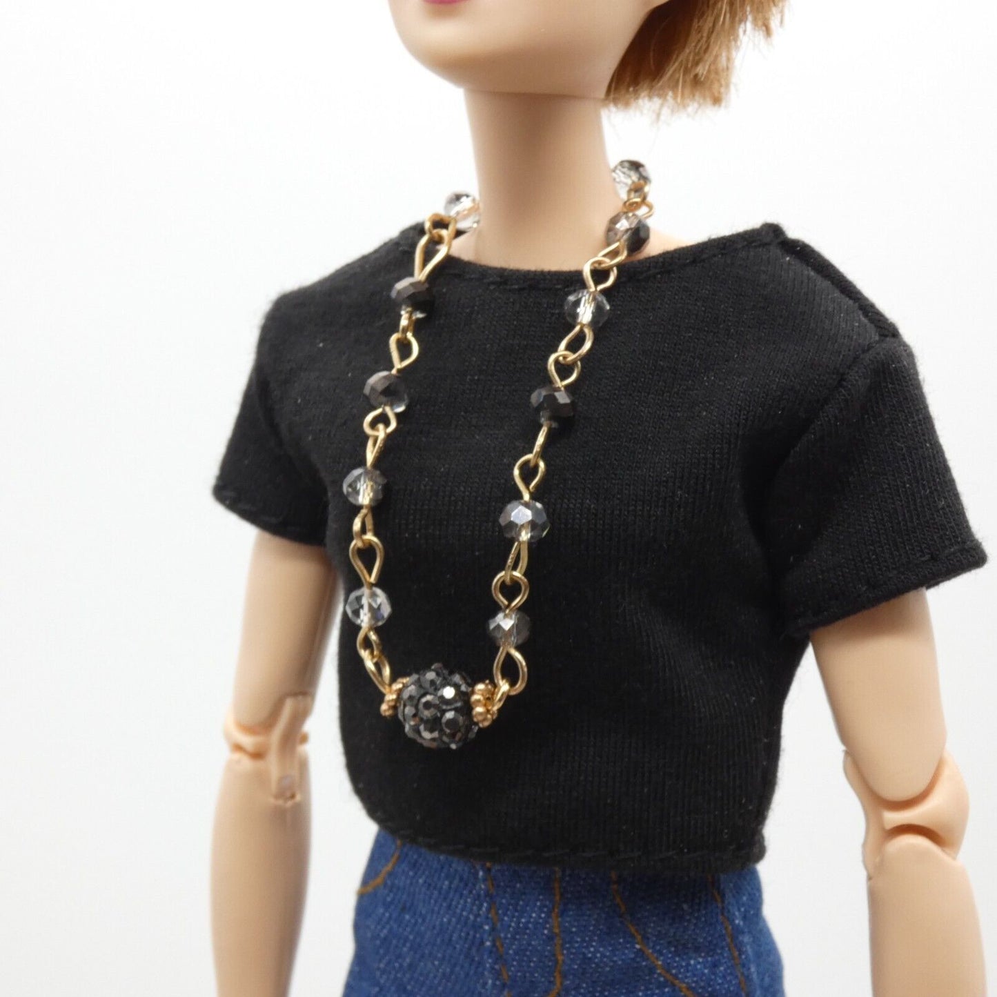 Barbie Doll Size Chain Necklace Black Rhinestone Beaded Pendant Gold Handmade