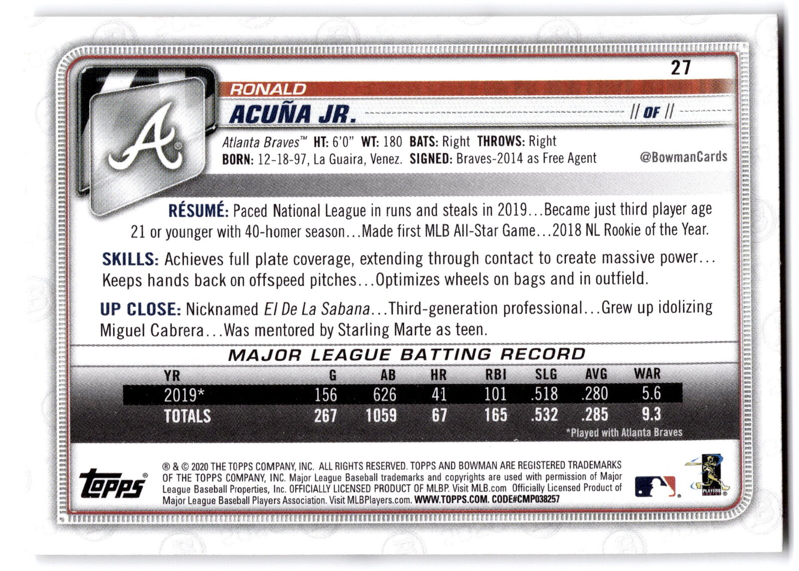 2020 Bowman #27 Ronald Acuña Jr. NRMT