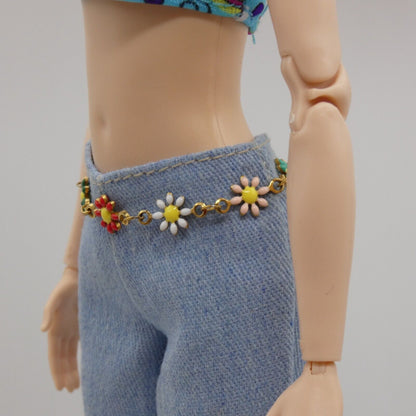 Barbie Doll Size Belt Multicolor Daisies Flowers Gold Chain Adjustable Handmade