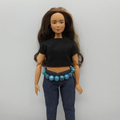 Barbie Doll Size Belt Blue Turquoise Teal Beaded Fits Curvy Adjustable Handmade