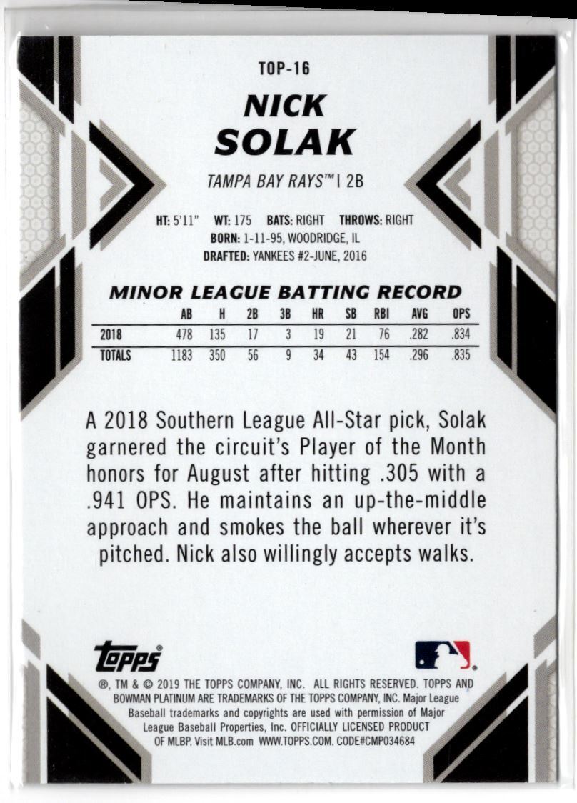 2019 Bowman Platinum Top Prospects Nick Solak Tampa Bay Rays #TOP-16