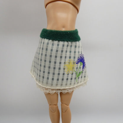 Barbie Doll Size Skirt White Layered A Line Floral Green Lining Felt Waistband