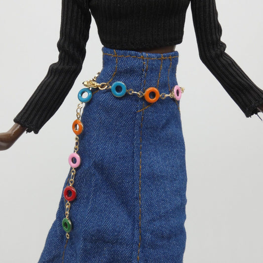 Barbie Doll Size Retro Multi Color Beaded Silver Chain Belt Adjustable Handmade