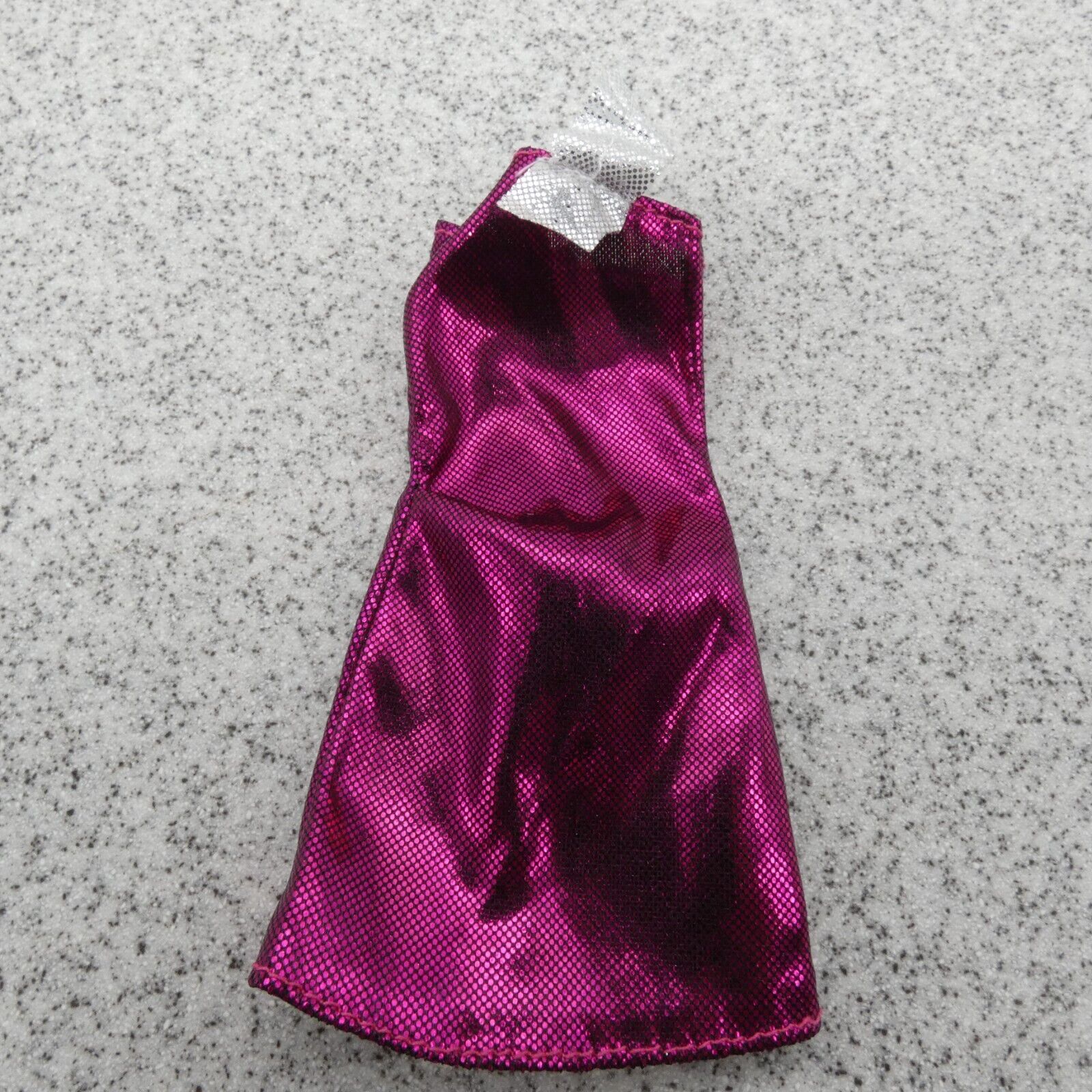 Barbie Doll Size Dress Pink Metallic Magenta One Shoulder Silver Strap Clone