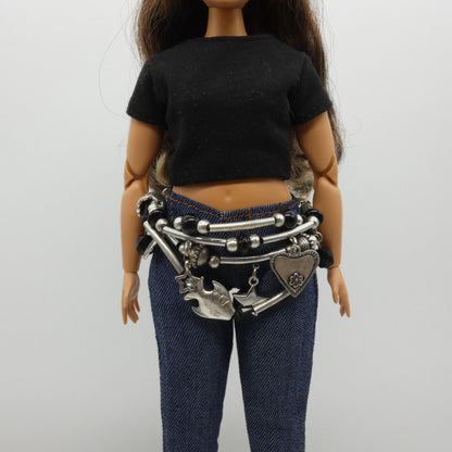 Barbie Curvy Doll Size Silver Black Charm 4 Strand Belt Adjustable Handmade OOAK