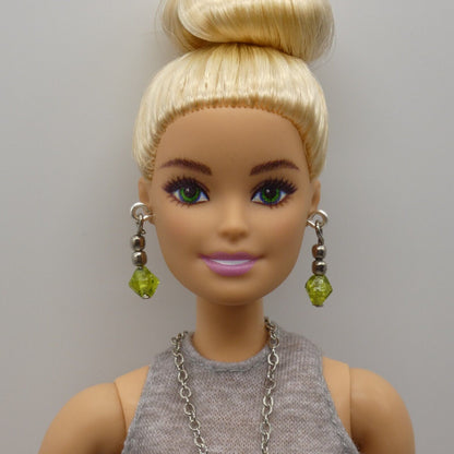 Barbie Doll Size Necklace And Earrings Green Faceted Pendant Silver Chain