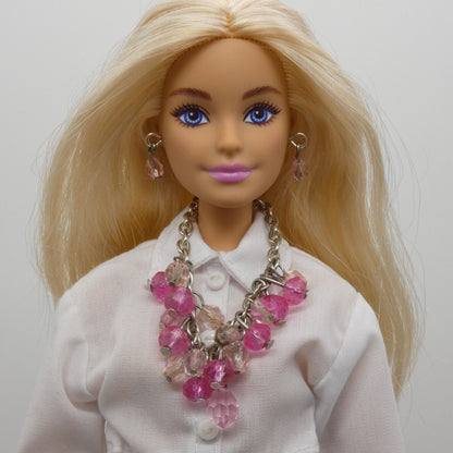 Barbie Doll Size Necklace Earrings Pink Faceted Dangle Beads Silver Chain OOAK