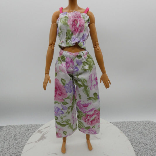 Barbie Doll Size Outfit Pink Floral Tank Top Wide Leg Pants Fit MTM Model Muse