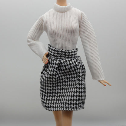 Barbie Doll Size Black White Houndstooth Dress Long Sleeve Fits Model Muse MTM