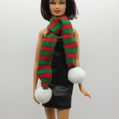 Scarf For Integrity Toys Barbie Size Doll Red Green Stripe White Puff Ball Knit