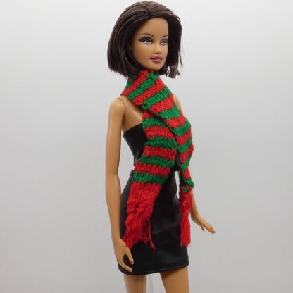 Scarf For Integrity Toys Barbie Size Doll Red Green Stripe Fringe Knitted FR