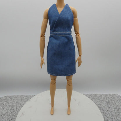 Barbie Doll Size Dress Blue Jean Denim Like Halter Fits Standard or Curvy Bodies