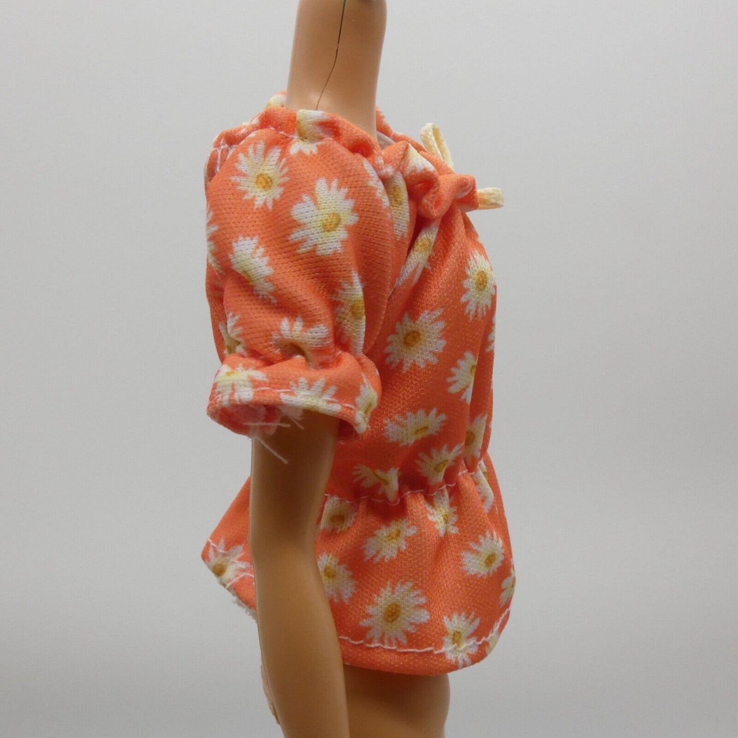 For Barbie Size Doll Peach Top Shirt Daisies Floral Bow Boat Neck Short Sleeve