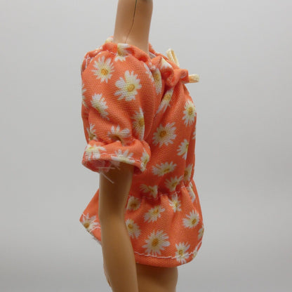 For Barbie Size Doll Peach Top Shirt Daisies Floral Bow Boat Neck Short Sleeve