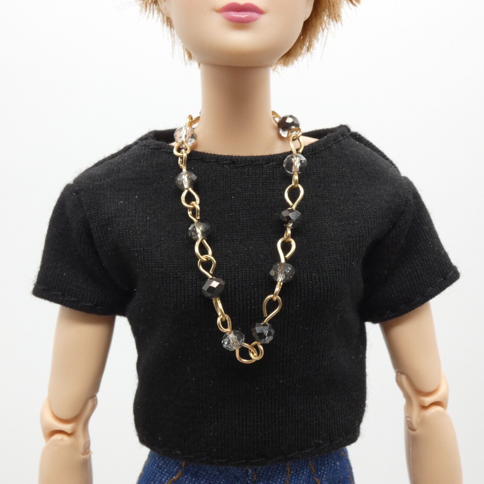 Barbie Doll Size Rose Gold Tone Chain Necklace Black White Rhinestone Handmade