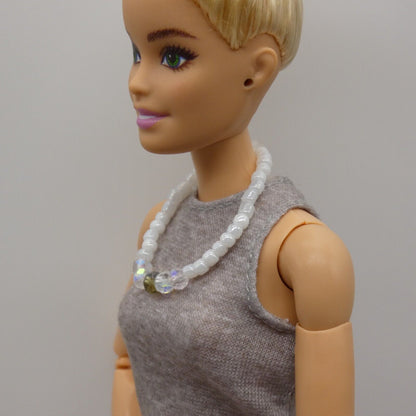 Barbie Doll Size White Aurora Borealis Beaded Necklace Choker Stretch Classy