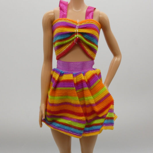 Barbie Doll Size Two Piece Bikini Swimsuit Top Skirt Rainbow Striped Clone