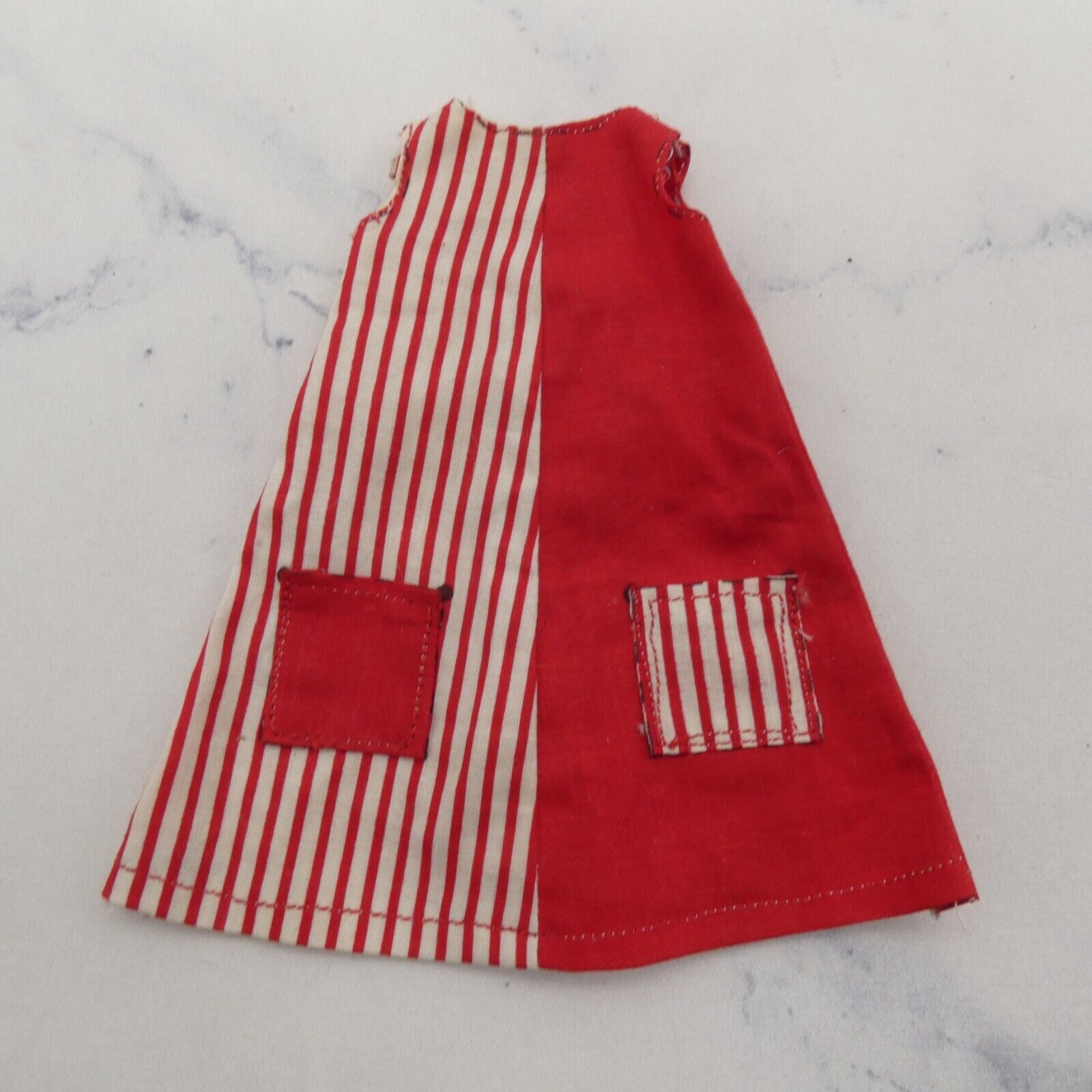 Barbie Doll Size Dress Red White Stripe A-Line Pockets Sleeveless Homemade