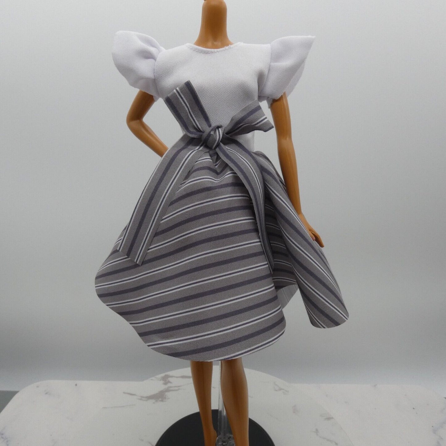 Barbie Doll Size Dress White Top Black Gray Striped Skirt Fits Model Muse MTM