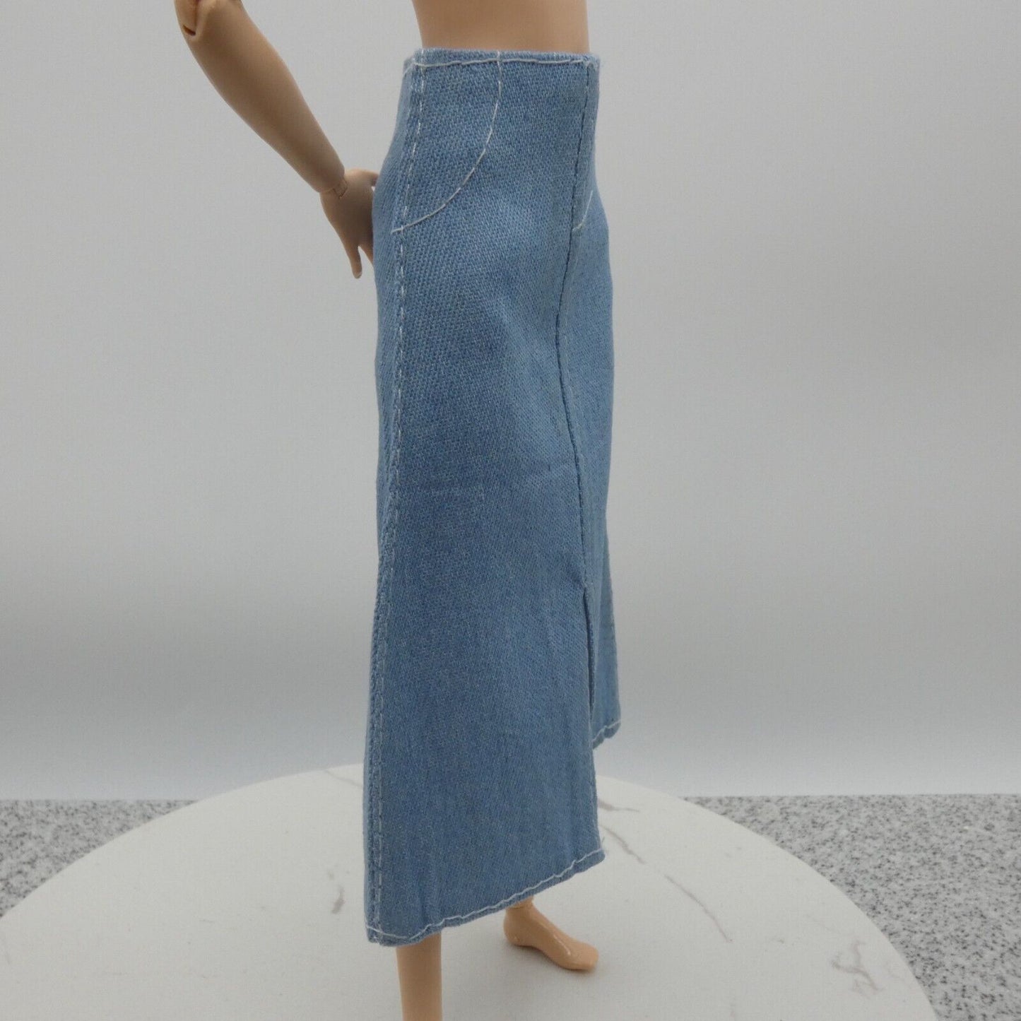 Barbie Doll Size Long Skirt Light Blue Denim Maxi A Line Ankle Front Slit