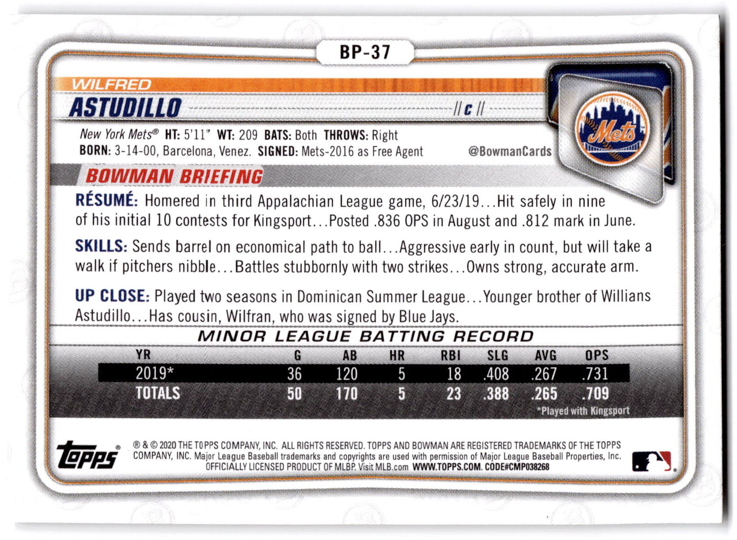 2020 Bowman #BP-37 Wilfred Astudillo Prospects NRMT