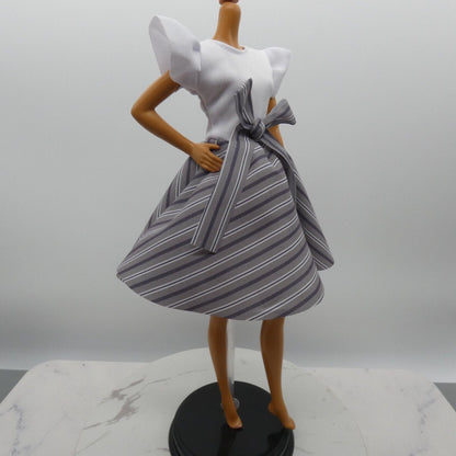 Barbie Doll Size Dress White Top Black Gray Striped Skirt Fits Model Muse MTM