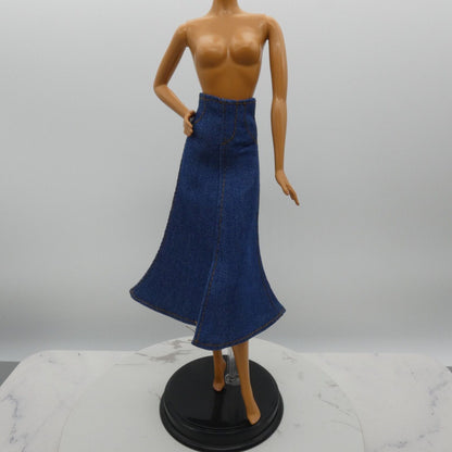 Barbie Doll Size Long Skirt Blue Denim Maxi A Line Ankle Slit Fits Model Muse