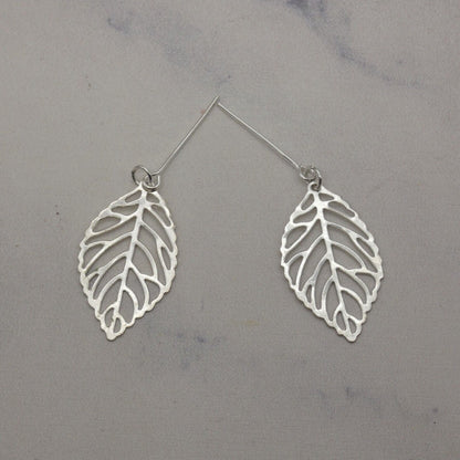 Barbie Doll Size Silver Leaf Dangle Earrings Large Leaves Statement Handmade