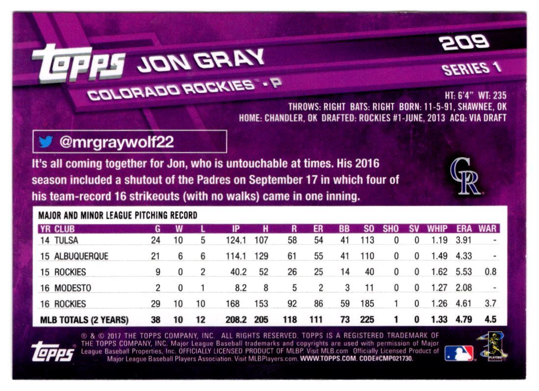 2017 Topps Jon Gray Colorado Rockies #209