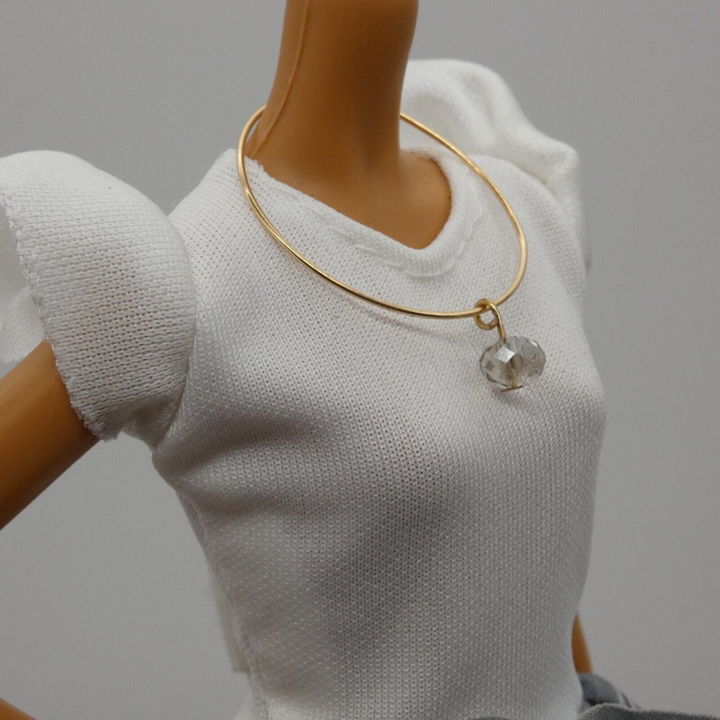 Barbie Doll Size Necklace Choker Gold Tone Band Clear Faceted Rhinestone Pendant