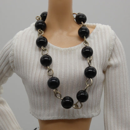 Barbie Doll Size Necklace Beaded Black Silver Chain  fits 11.5 Inch Handmade