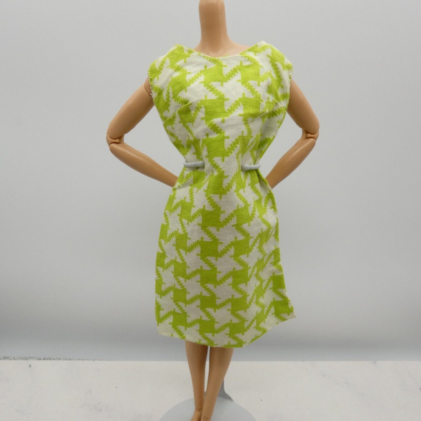 Barbie Doll Size Summer Dress Green White Houndstooth Sleeveless Homemade