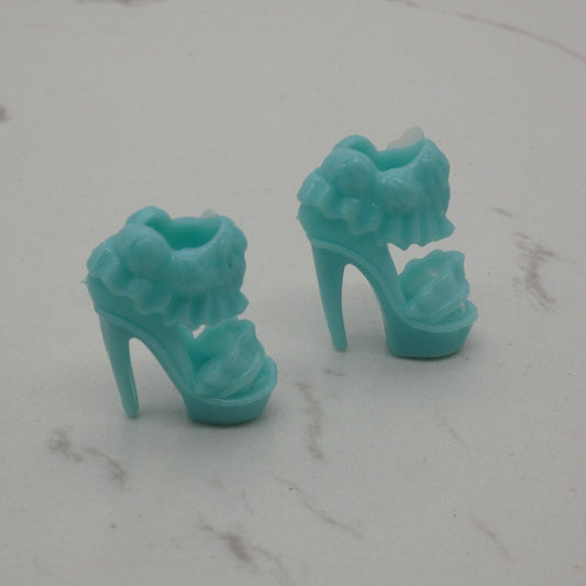 Barbie Doll Size Shoes High Heel Light Blue Ruffle Ankle Strap Round Open Toe