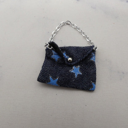 Barbie Doll Size Purse Dark Blue Denim Like Handbag Stars Silver Tone Chain