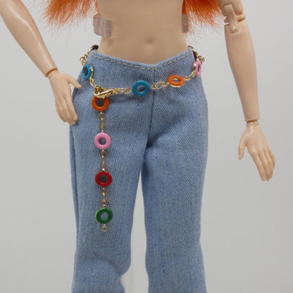 Barbie Doll Size Belt Multi Color Beaded Silver Chain Handmade Adjustable