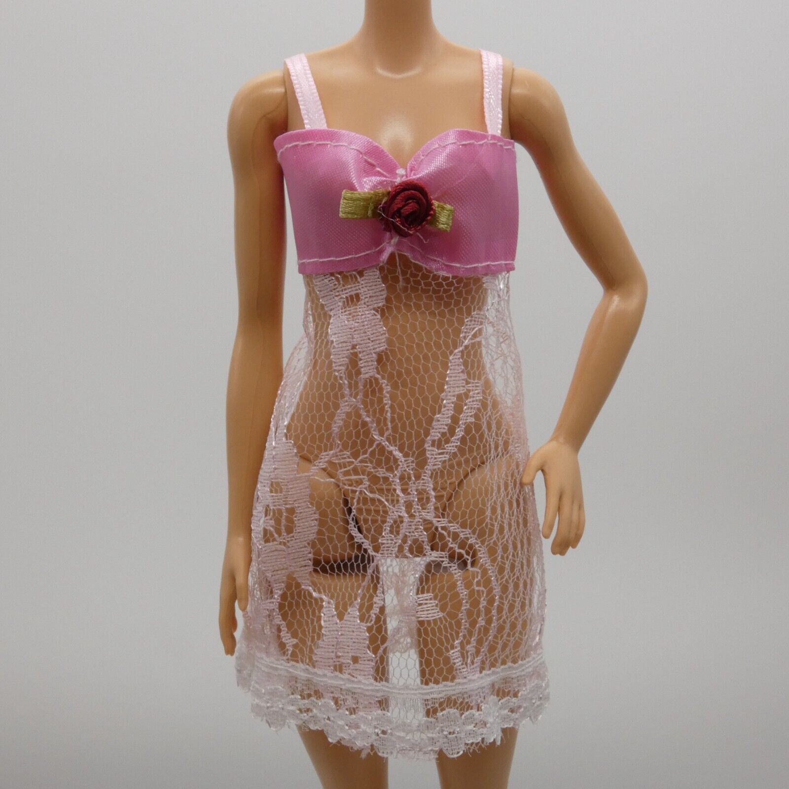 Barbie Doll Size Pink Lace Nightgown Nighty Red Rose