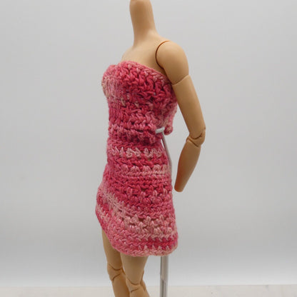 Barbie Doll Size Dress Pink Handmade Crochet Sleeveless Strapless Mid Thigh