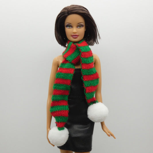 Scarf For Integrity Toys Barbie Size Doll Red Green Stripe White Puff Ball Knit