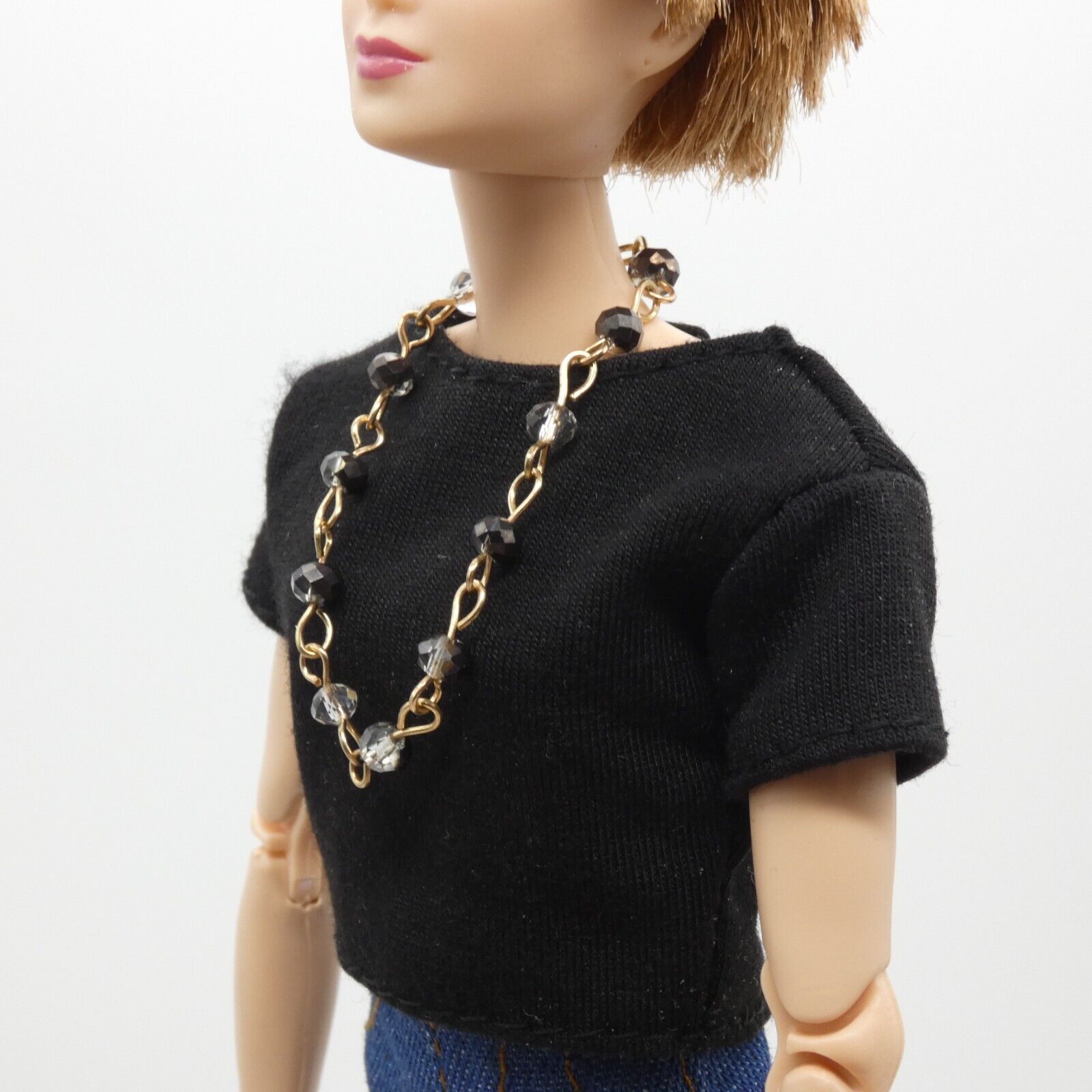 Barbie Doll Size Rose Gold Tone Chain Necklace Black White Rhinestone Handmade