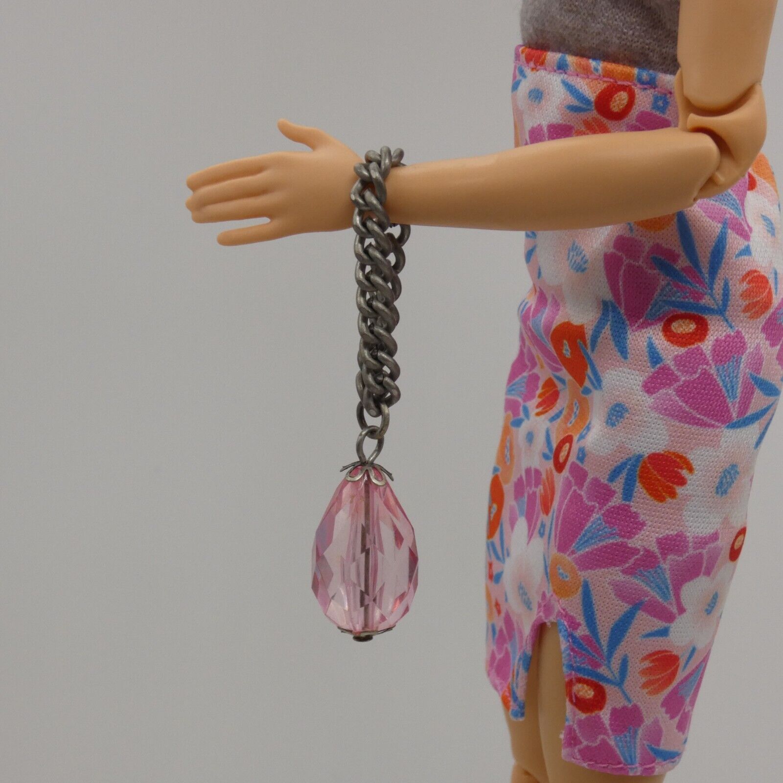 Barbie Doll Size Pink Teardrop Gem Purse Chain Handle Handbag Handmade OOAK