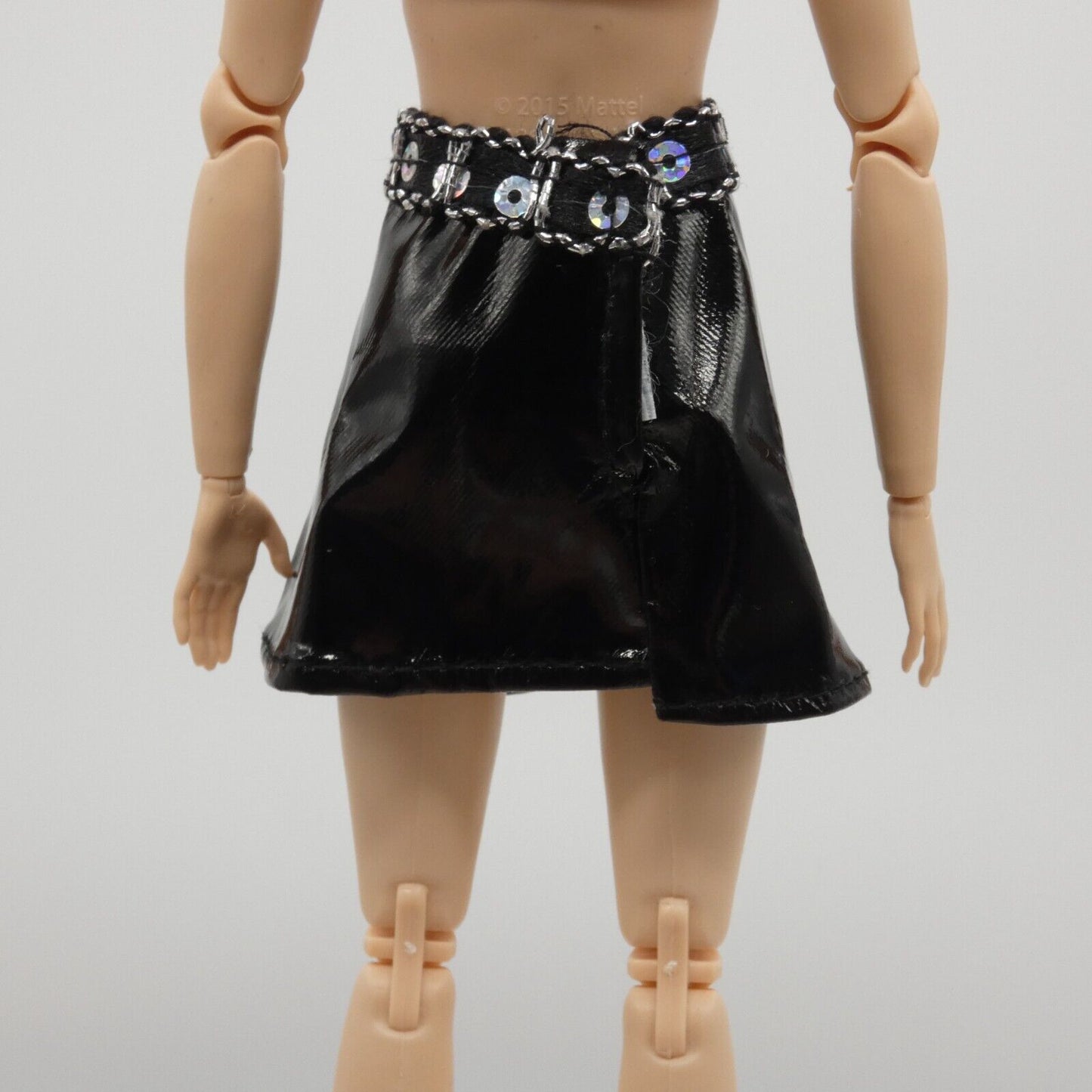 Barbie Doll Size Black Skirt Faux Leather Silver Sequins A Line Mid Thigh