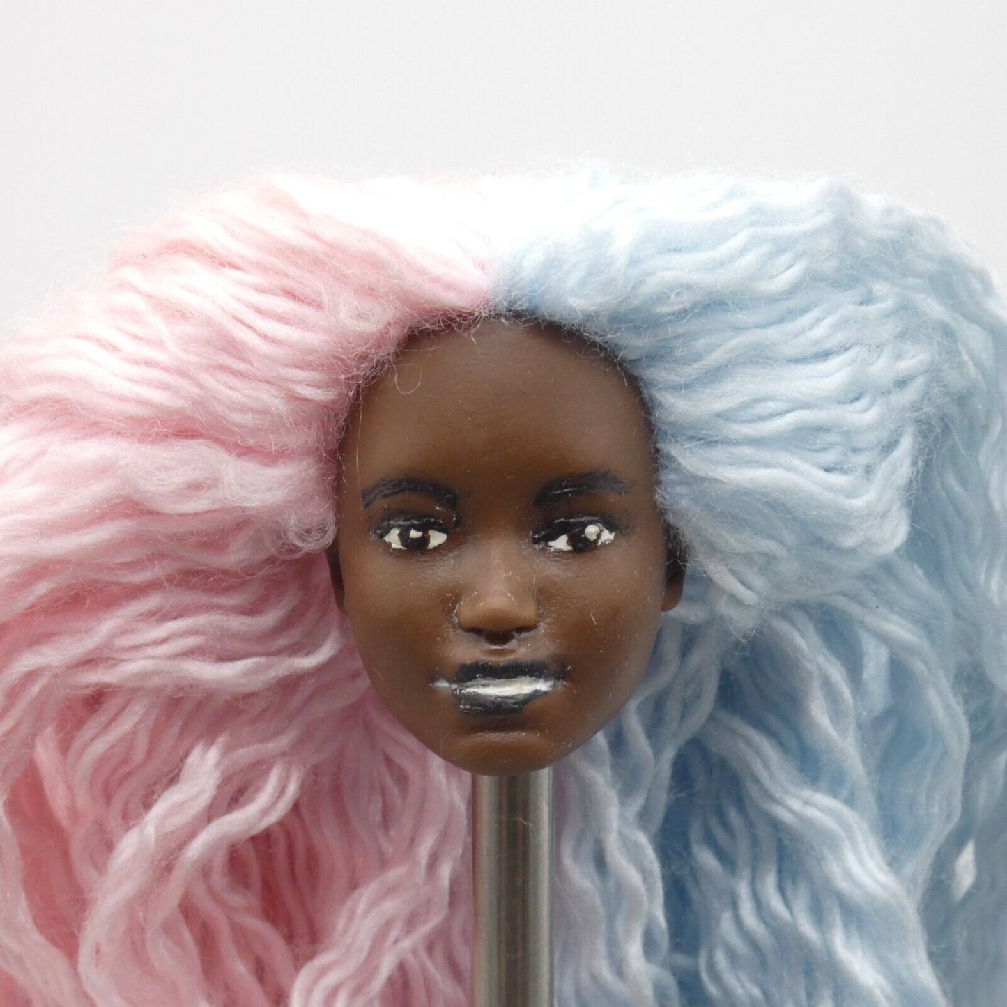 Barbie Custom Doll Head AA Kim Face Rerooted Pink Blue Yarn Hair Dark Skin OOAK