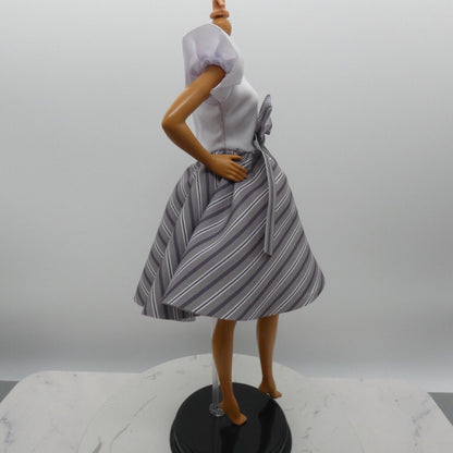 Barbie Doll Size Dress White Top Black Gray Striped Skirt Fits Model Muse MTM